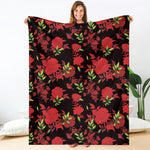 Black And Red Roses Floral Print Blanket