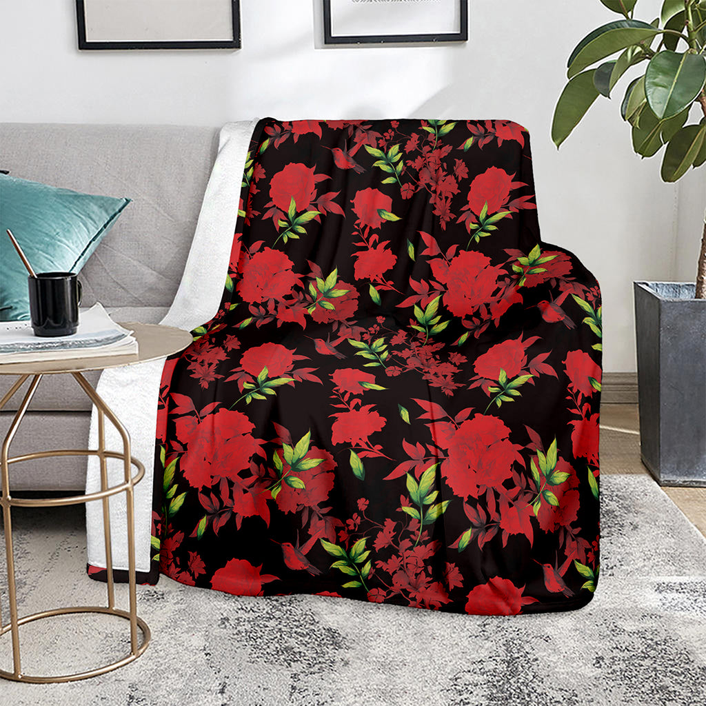 Black And Red Roses Floral Print Blanket