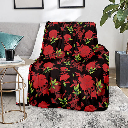 Black And Red Roses Floral Print Blanket