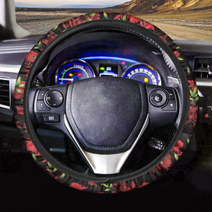 Black And Red Roses Floral Print Car Steering Wheel Cover