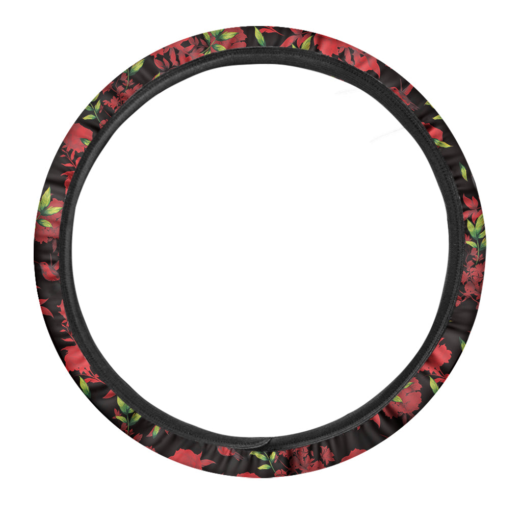 Black And Red Roses Floral Print Car Steering Wheel Cover