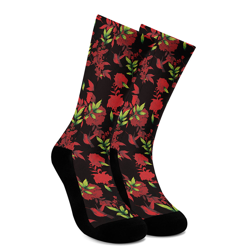 Black And Red Roses Floral Print Crew Socks