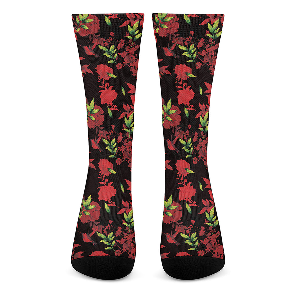 Black And Red Roses Floral Print Crew Socks