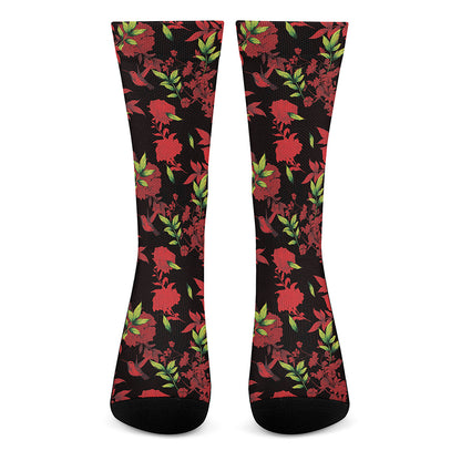 Black And Red Roses Floral Print Crew Socks