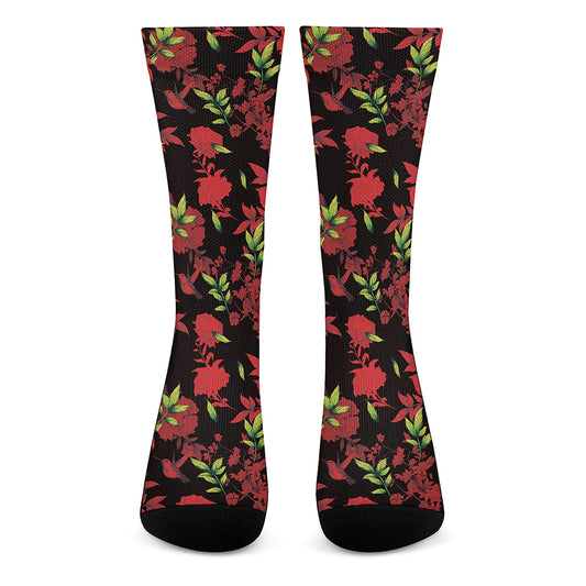 Black And Red Roses Floral Print Crew Socks