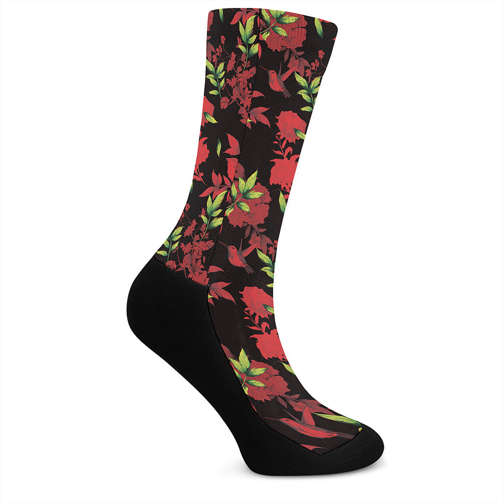 Black And Red Roses Floral Print Crew Socks