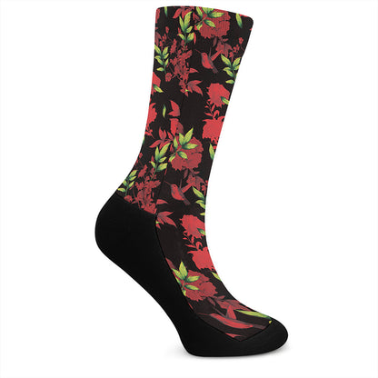 Black And Red Roses Floral Print Crew Socks