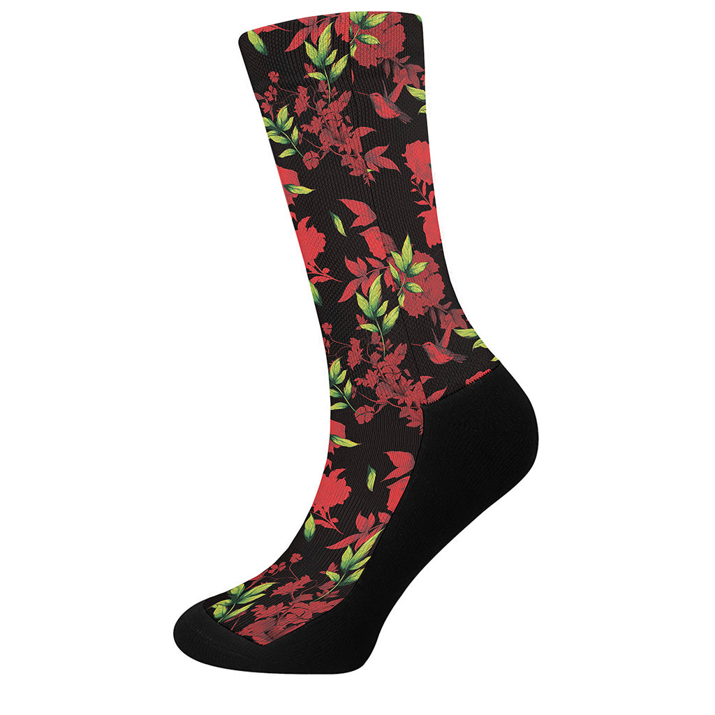 Black And Red Roses Floral Print Crew Socks