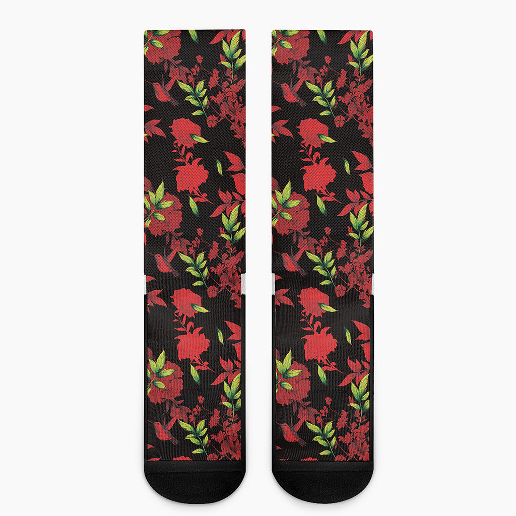 Black And Red Roses Floral Print Crew Socks