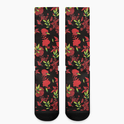 Black And Red Roses Floral Print Crew Socks
