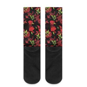 Black And Red Roses Floral Print Crew Socks