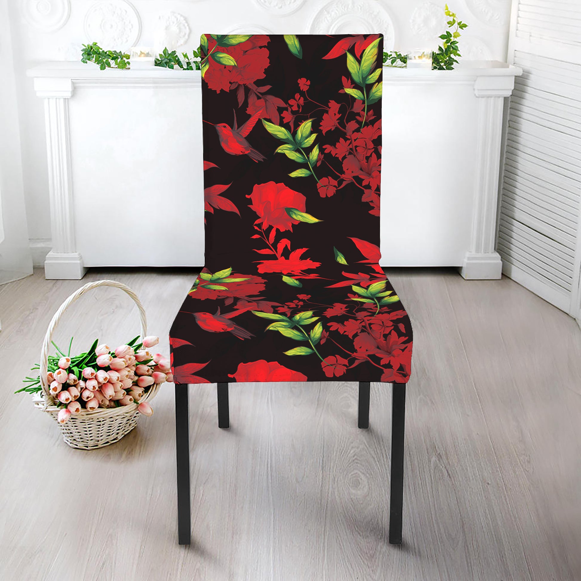 Black And Red Roses Floral Print Dining Chair Slipcover