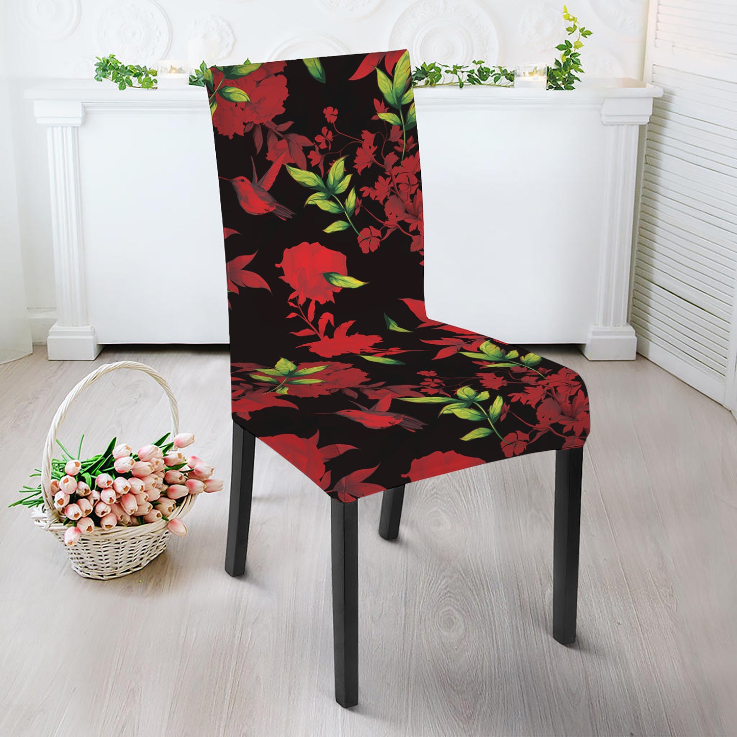 Black And Red Roses Floral Print Dining Chair Slipcover