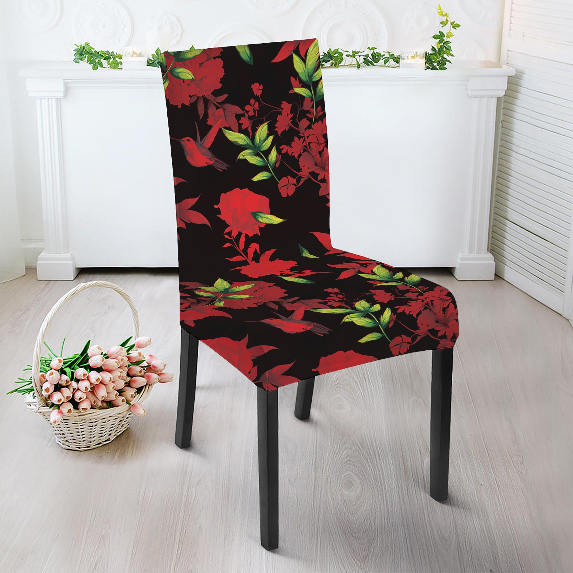 Black And Red Roses Floral Print Dining Chair Slipcover