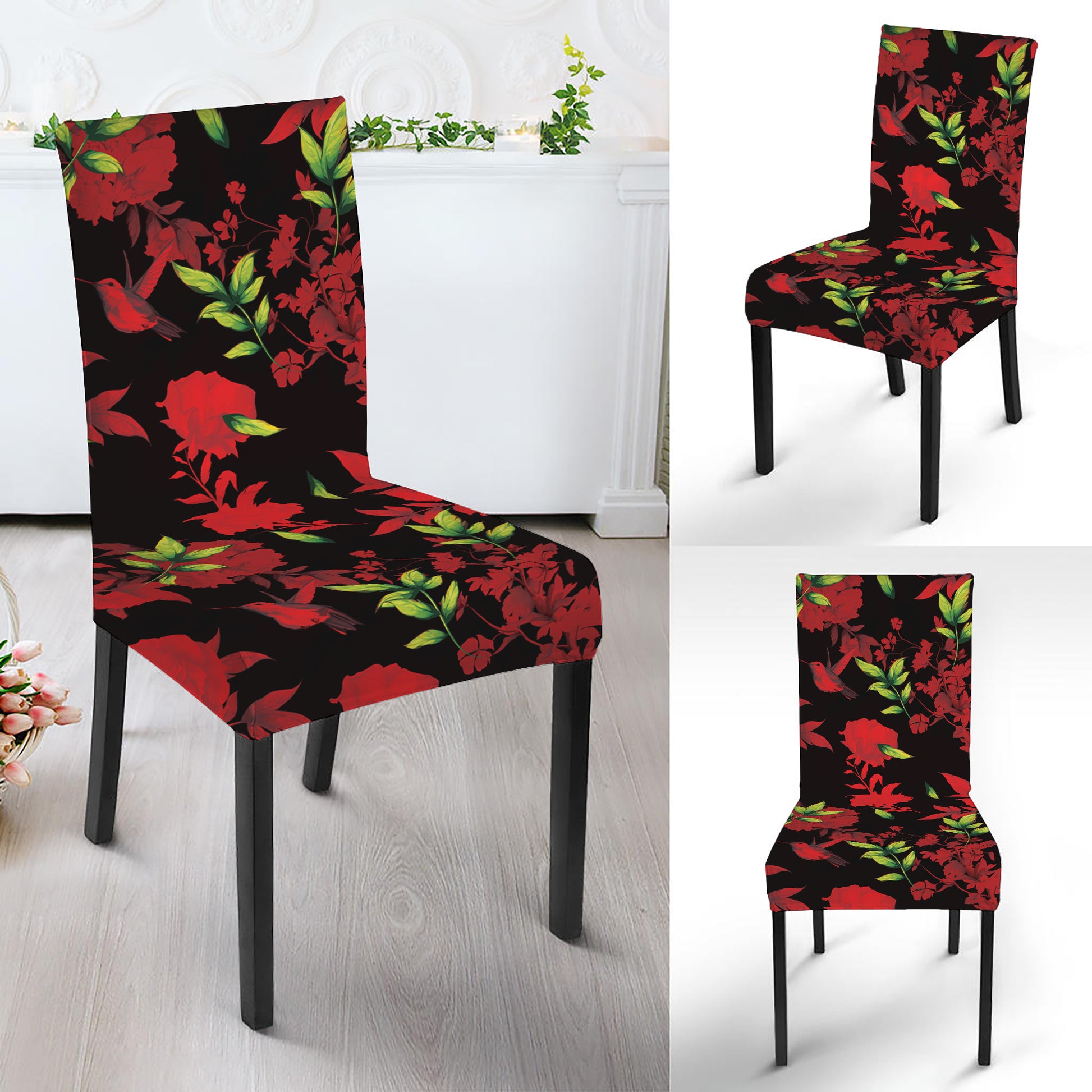 Black And Red Roses Floral Print Dining Chair Slipcover