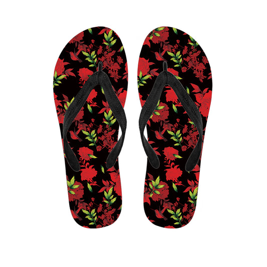 Black And Red Roses Floral Print Flip Flops