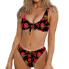 Black And Red Roses Floral Print Front Bow Tie Bikini