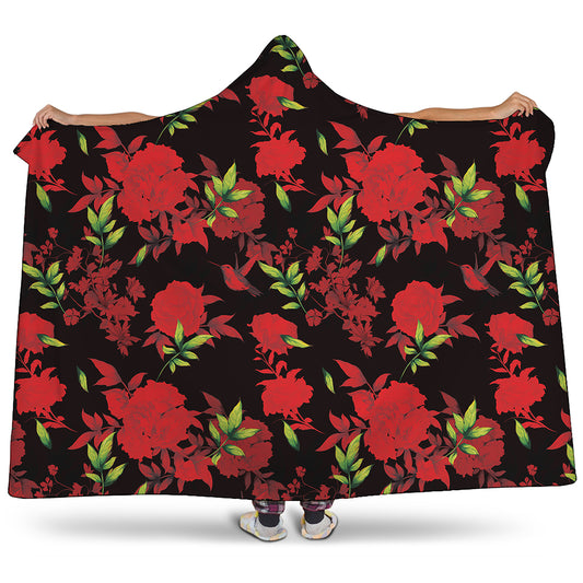 Black And Red Roses Floral Print Hooded Blanket