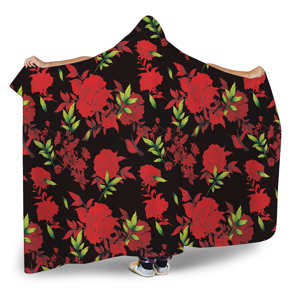 Black And Red Roses Floral Print Hooded Blanket