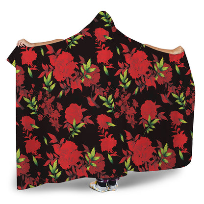 Black And Red Roses Floral Print Hooded Blanket