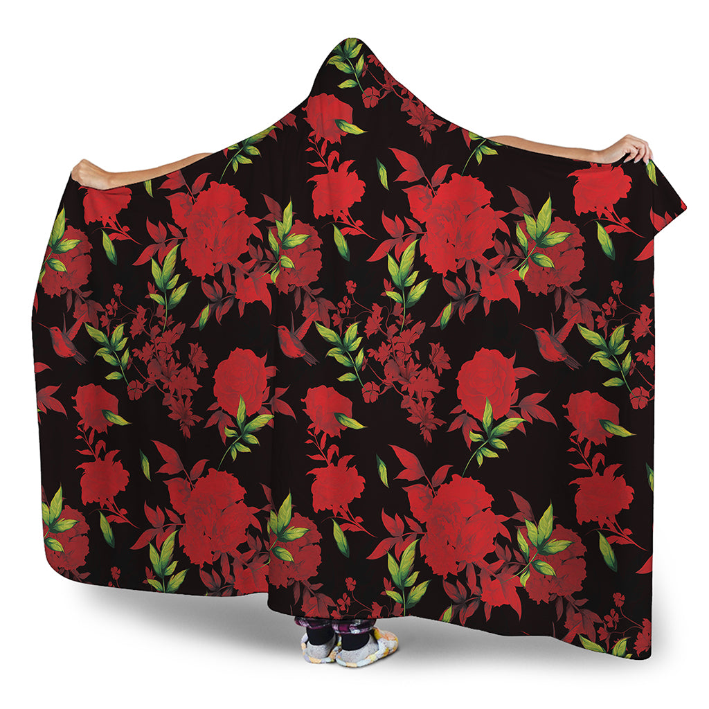 Black And Red Roses Floral Print Hooded Blanket
