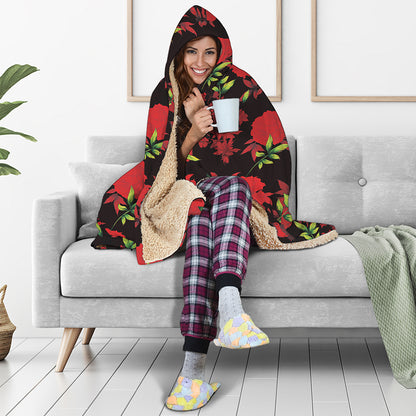 Black And Red Roses Floral Print Hooded Blanket