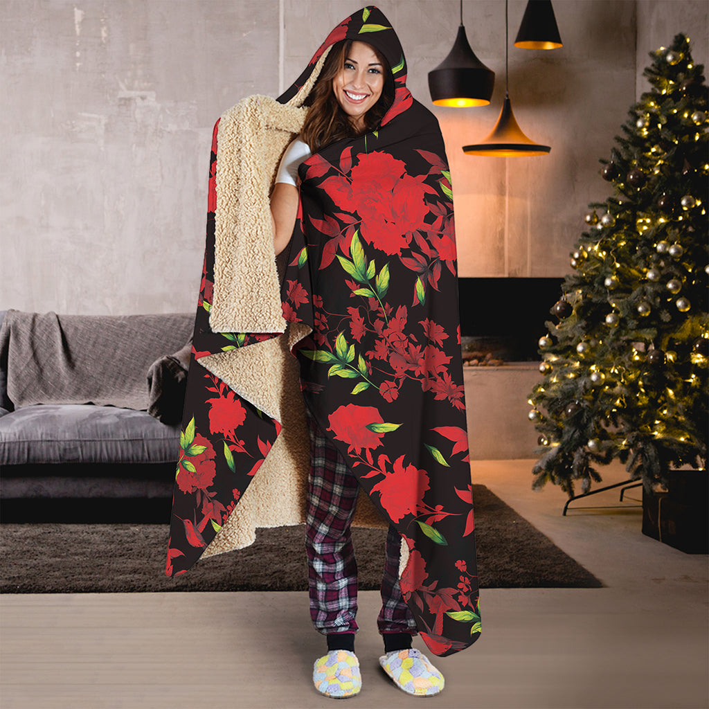 Black And Red Roses Floral Print Hooded Blanket