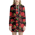 Black And Red Roses Floral Print Pullover Hoodie Dress