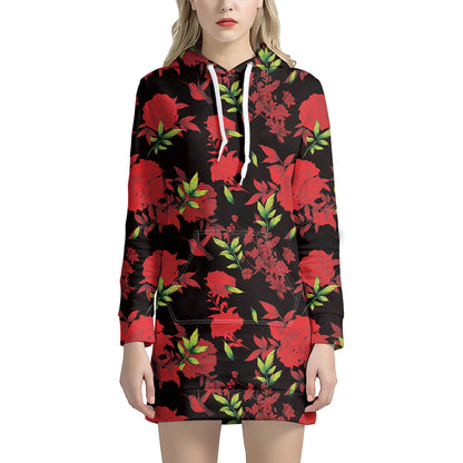 Black And Red Roses Floral Print Hoodie Dress
