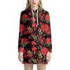 Black And Red Roses Floral Print Hoodie Dress