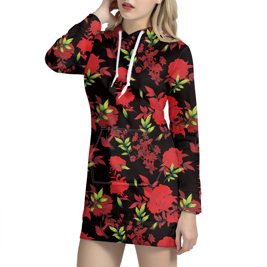 Black And Red Roses Floral Print Hoodie Dress