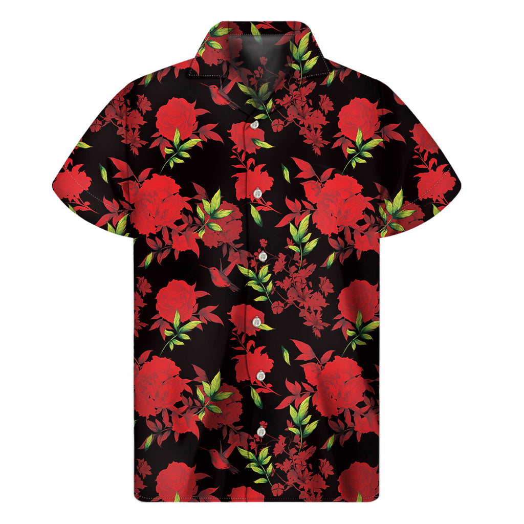 Black And Red Roses Floral Print Men's Short Sleeve Shirt