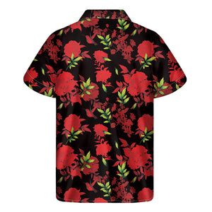 Black And Red Roses Floral Print Men's Short Sleeve Shirt