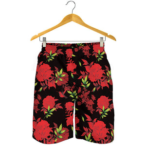 Black And Red Roses Floral Print Men's Shorts