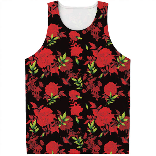 Black And Red Roses Floral Print Men's Tank Top