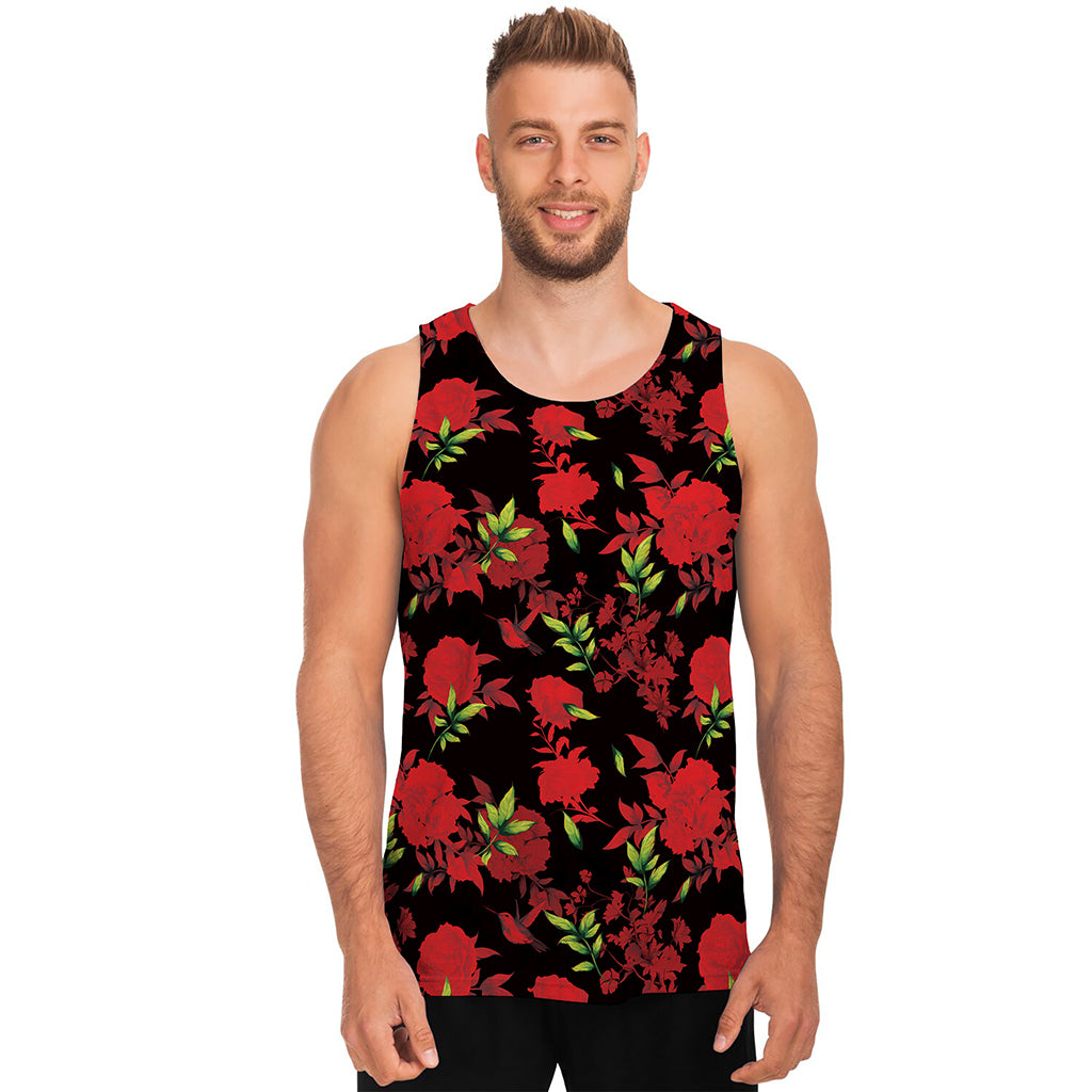 Black And Red Roses Floral Print Men's Tank Top