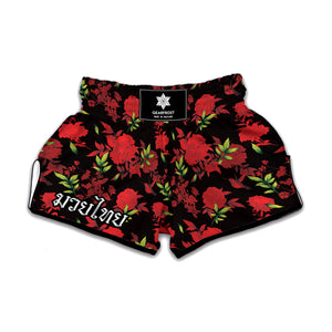 Black And Red Roses Floral Print Muay Thai Boxing Shorts