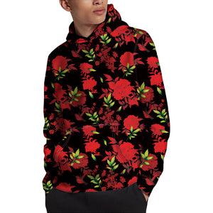 Black And Red Roses Floral Print Pullover Hoodie