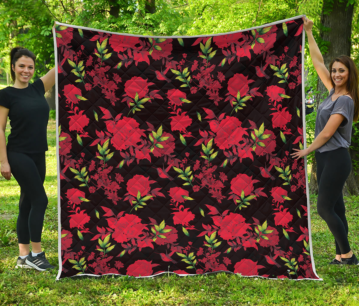 Black And Red Roses Floral Print Quilt