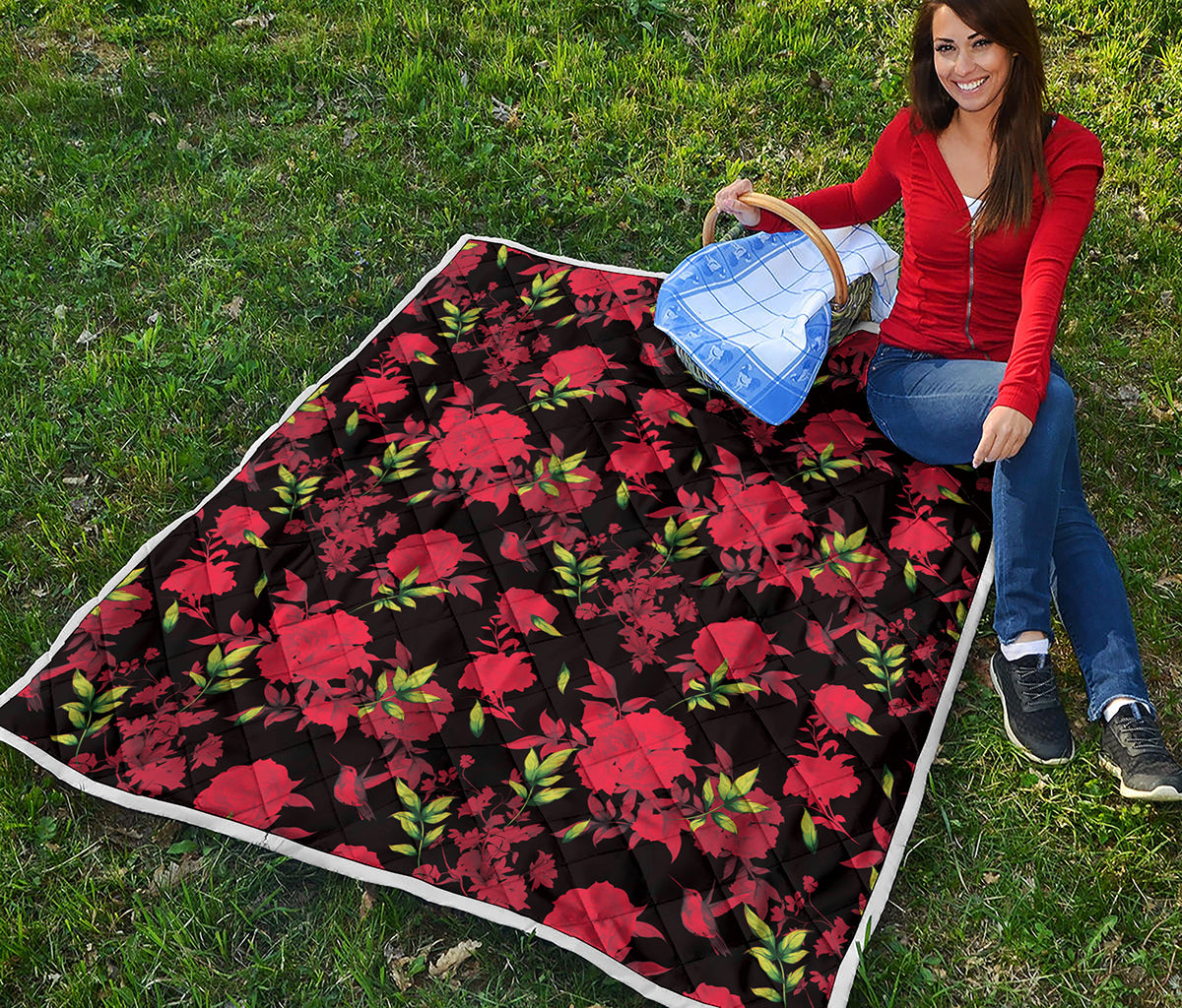 Black And Red Roses Floral Print Quilt