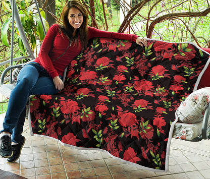 Black And Red Roses Floral Print Quilt