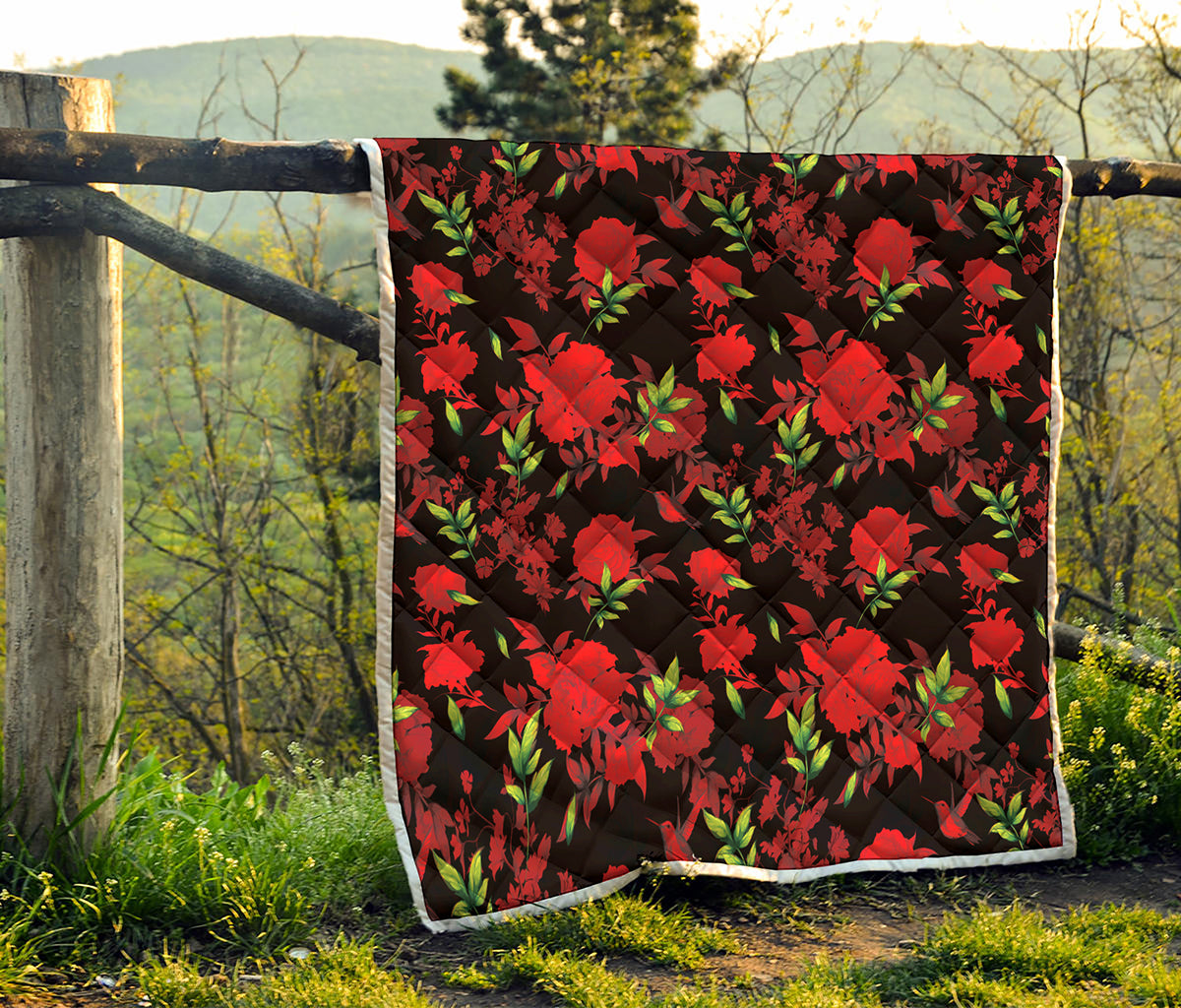 Black And Red Roses Floral Print Quilt
