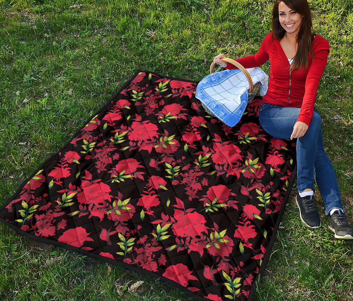 Black And Red Roses Floral Print Quilt