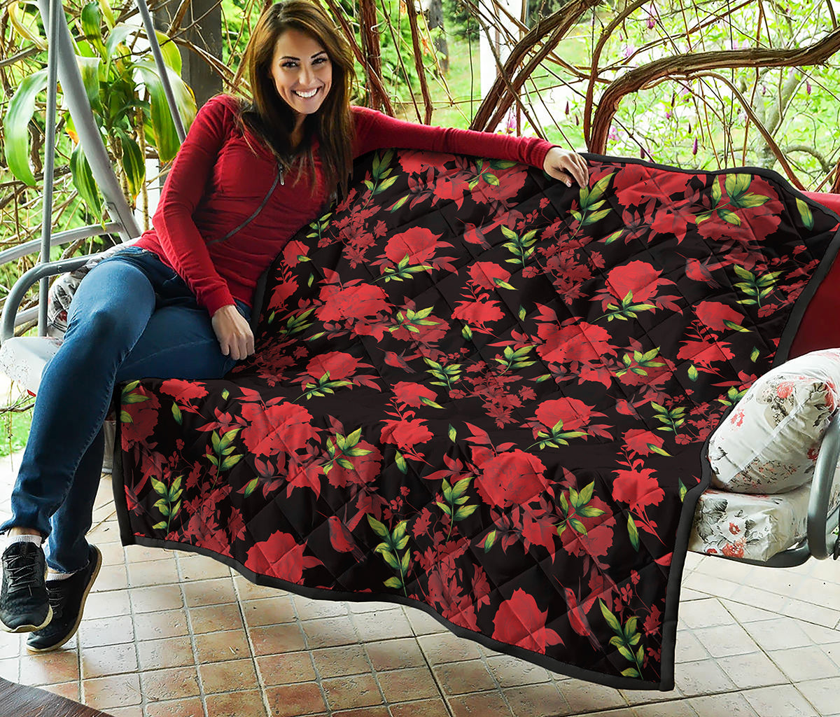 Black And Red Roses Floral Print Quilt