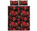 Black And Red Roses Floral Print Quilt Bed Set