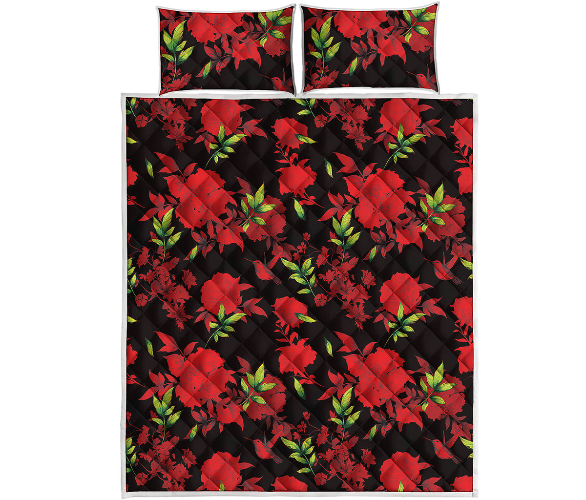 Black And Red Roses Floral Print Quilt Bed Set