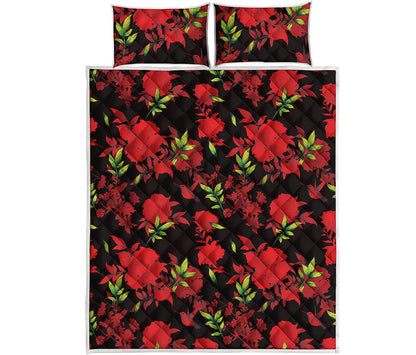 Black And Red Roses Floral Print Quilt Bed Set