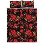 Black And Red Roses Floral Print Quilt Bed Set