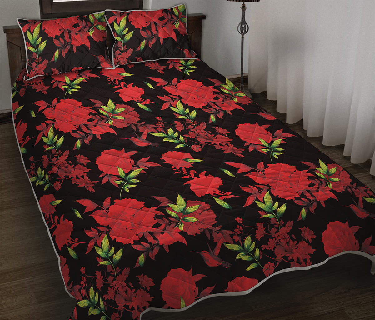 Black And Red Roses Floral Print Quilt Bed Set