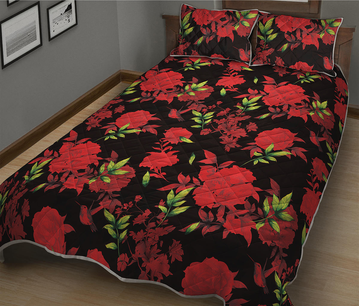 Black And Red Roses Floral Print Quilt Bed Set